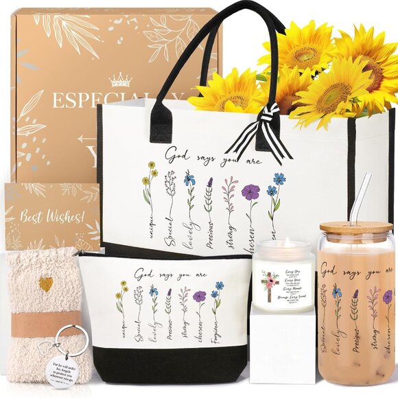 Christian Gifts for Women Faith Inspirational Tote Basket with 16oz Glass - Picture 1 of 8